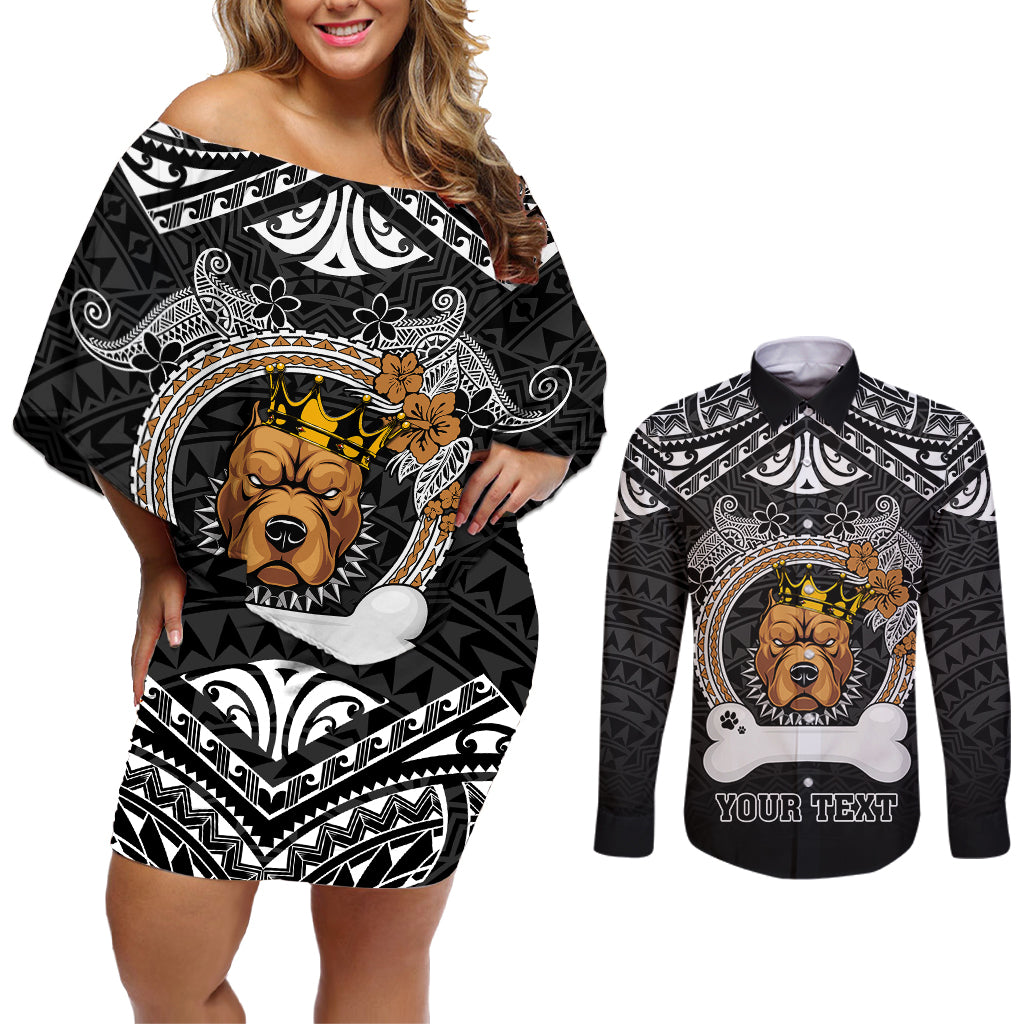 personalized-pitbull-dog-couples-matching-off-shoulder-short-dress-and-long-sleeve-button-shirts-with-polynesian-heart-name-tags