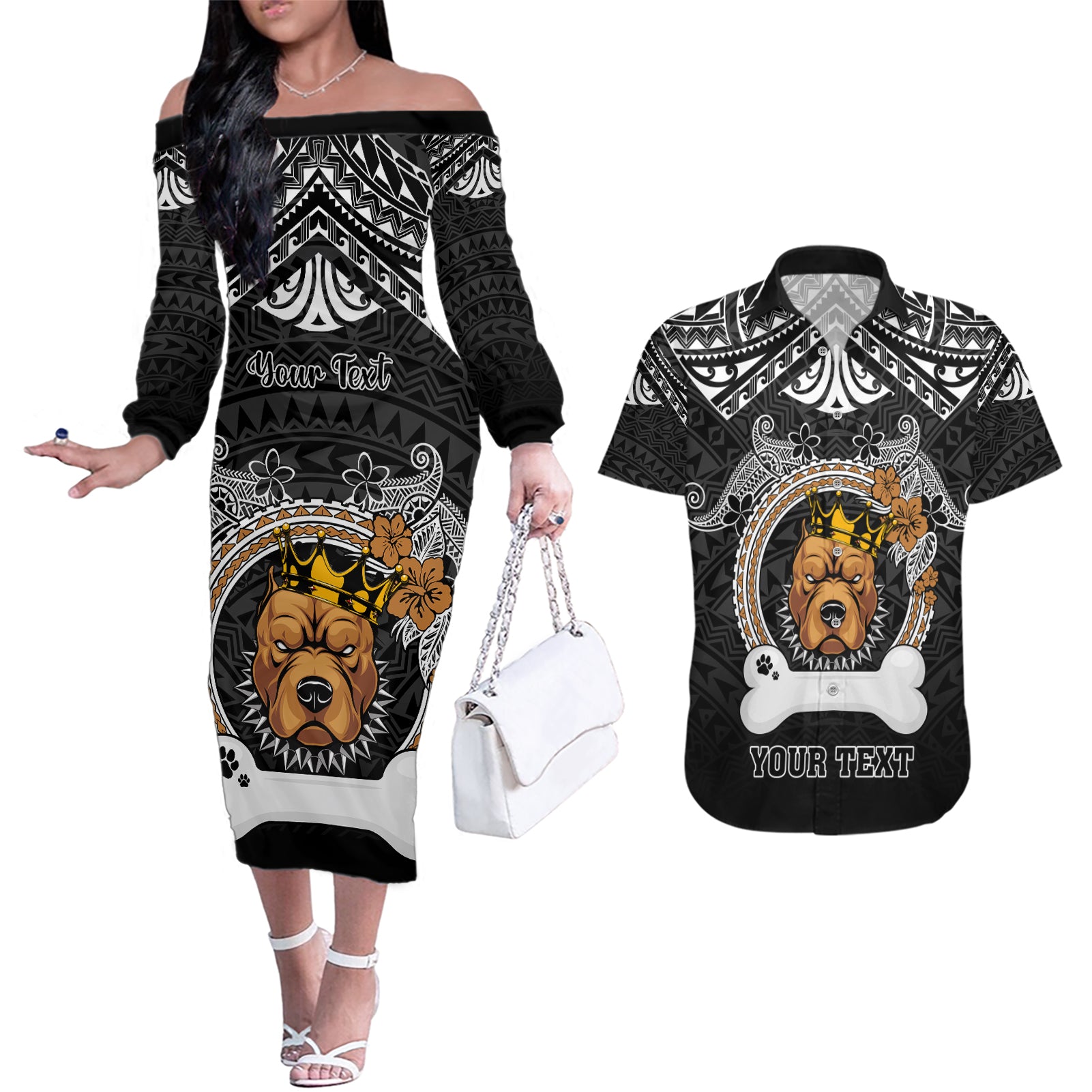 personalized-pitbull-dog-couples-matching-off-the-shoulder-long-sleeve-dress-and-hawaiian-shirt-with-polynesian-heart-name-tags