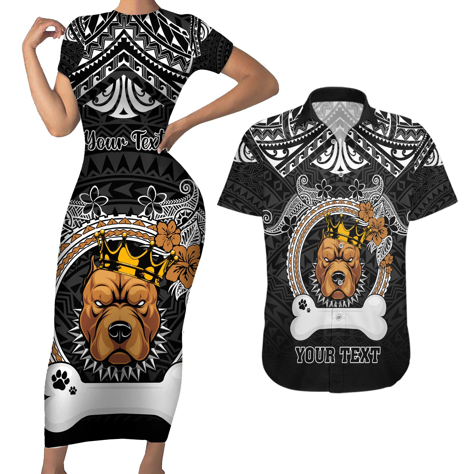 personalized-pitbull-dog-couples-matching-short-sleeve-bodycon-dress-and-hawaiian-shirt-with-polynesian-heart-name-tags