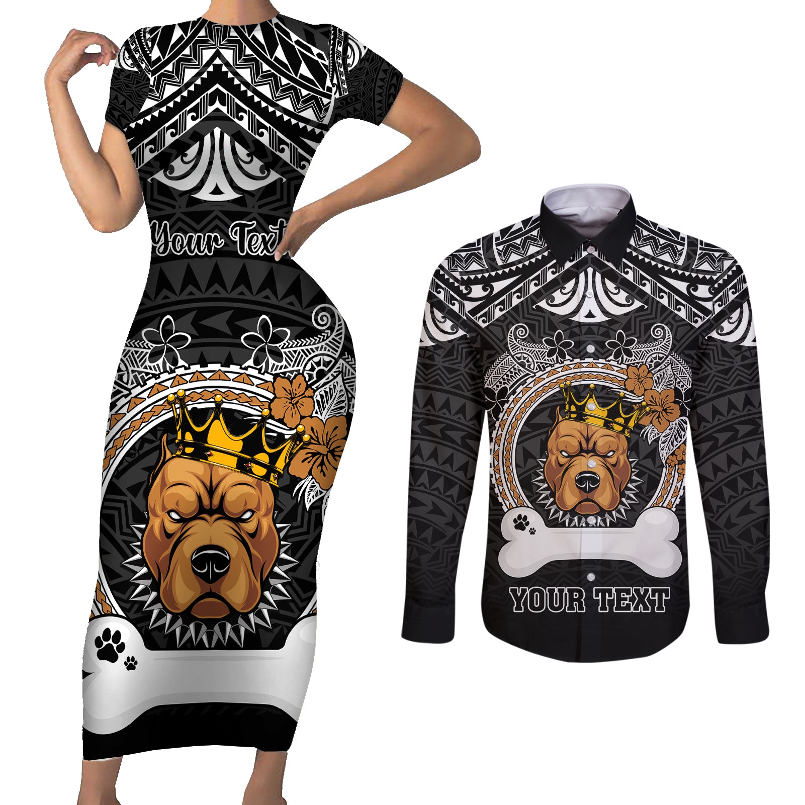 personalized-pitbull-dog-couples-matching-short-sleeve-bodycon-dress-and-long-sleeve-button-shirts-with-polynesian-heart-name-tags