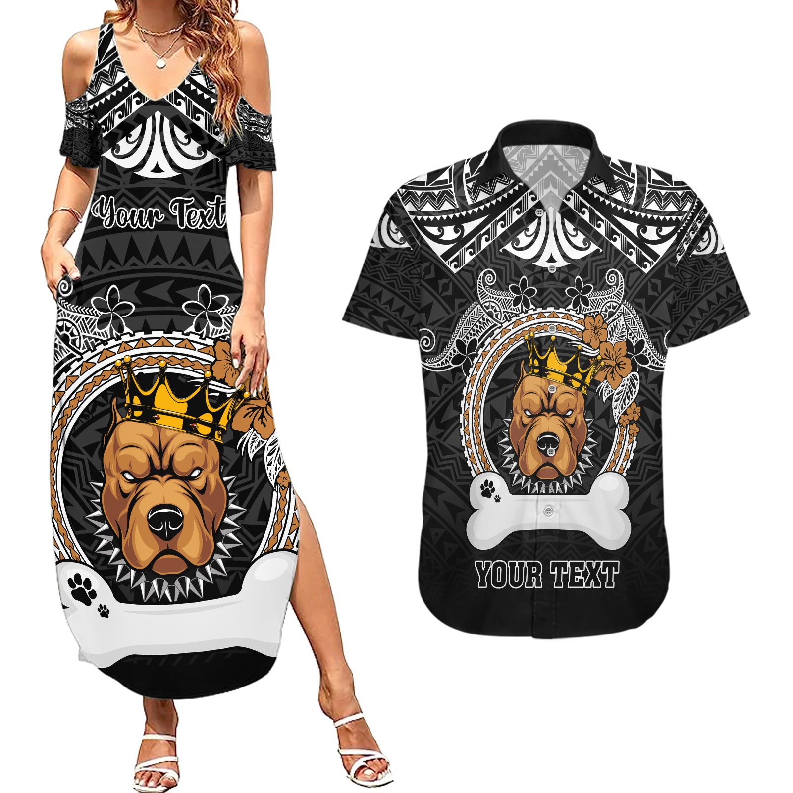 personalized-pitbull-dog-couples-matching-summer-maxi-dress-and-hawaiian-shirt-with-polynesian-heart-name-tags