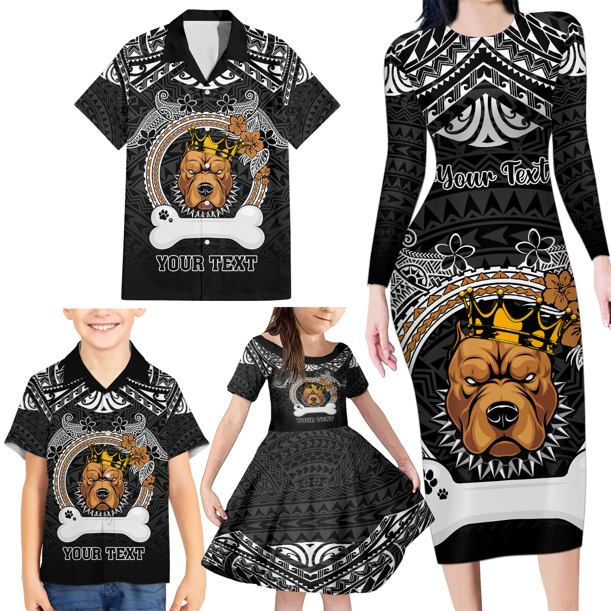 Personalized Pitbull Dog Family Matching Long Sleeve Bodycon Dress and Hawaiian Shirt With Polynesian Heart Name Tags LT05 - Polynesian Pride