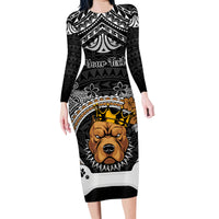 Personalized Pitbull Dog Family Matching Long Sleeve Bodycon Dress and Hawaiian Shirt With Polynesian Heart Name Tags LT05 Mom's Dress Black - Polynesian Pride