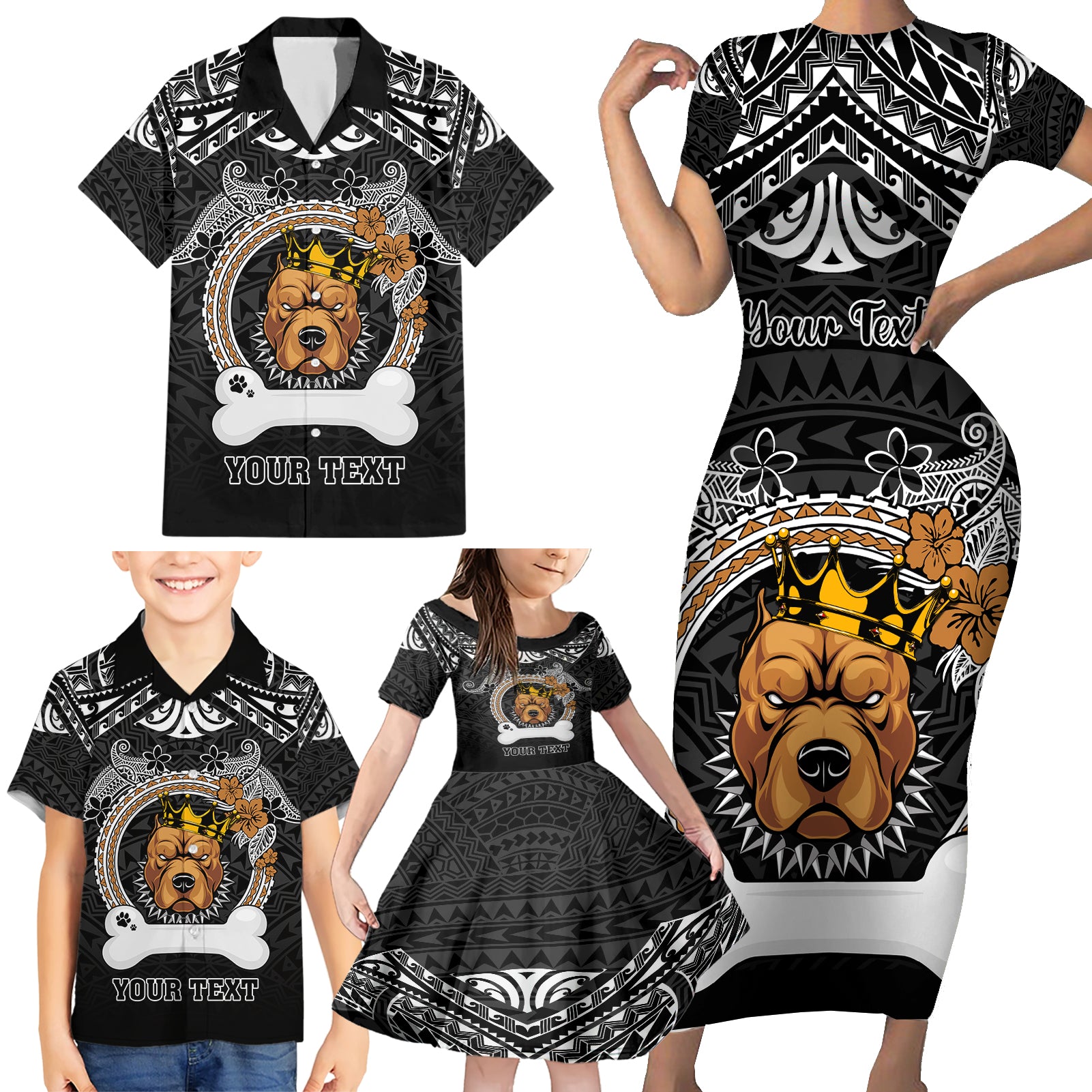 Personalized Pitbull Dog Family Matching Short Sleeve Bodycon Dress and Hawaiian Shirt With Polynesian Heart Name Tags LT05 - Polynesian Pride