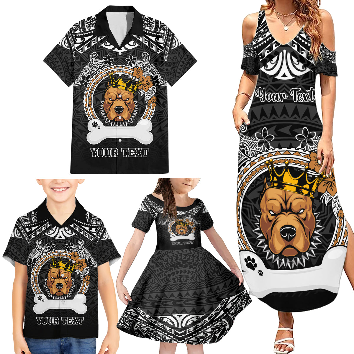 Personalized Pitbull Dog Family Matching Summer Maxi Dress and Hawaiian Shirt With Polynesian Heart Name Tags LT05 - Polynesian Pride