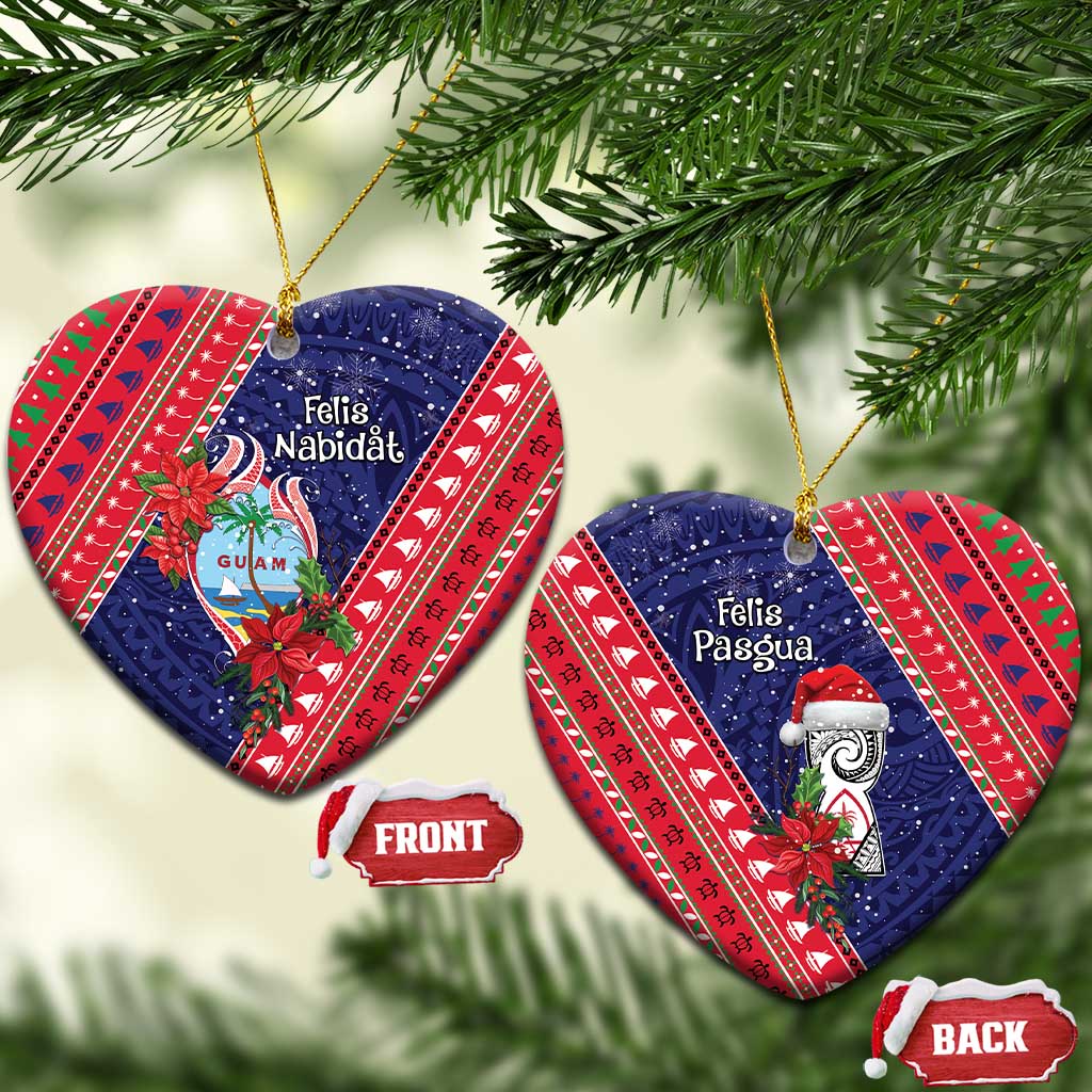 Guam Christmas Ceramic Ornament Felis Nabidat Guaman Seal With Poinsettia LT05 Heart Blue - Polynesian Pride