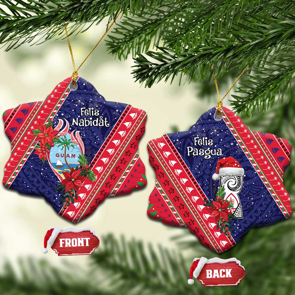 Guam Christmas Ceramic Ornament Felis Nabidat Guaman Seal With Poinsettia LT05 Snow Flake Blue - Polynesian Pride