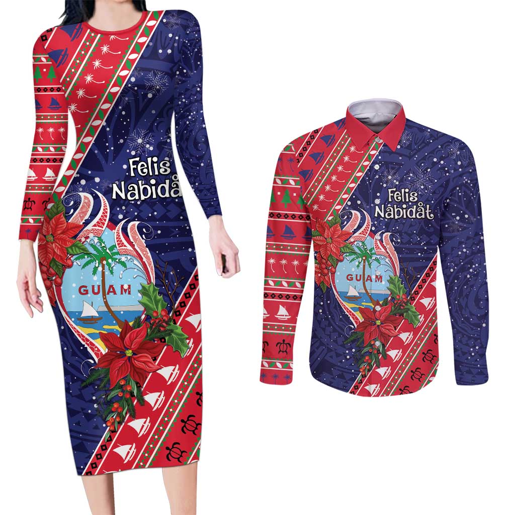 Guam Christmas Couples Matching Long Sleeve Bodycon Dress and Long Sleeve Button Shirt Felis Nabidat Guaman Seal With Poinsettia