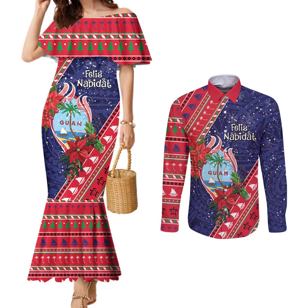 Guam Christmas Couples Matching Mermaid Dress and Long Sleeve Button Shirt Felis Nabidat Guaman Seal With Poinsettia