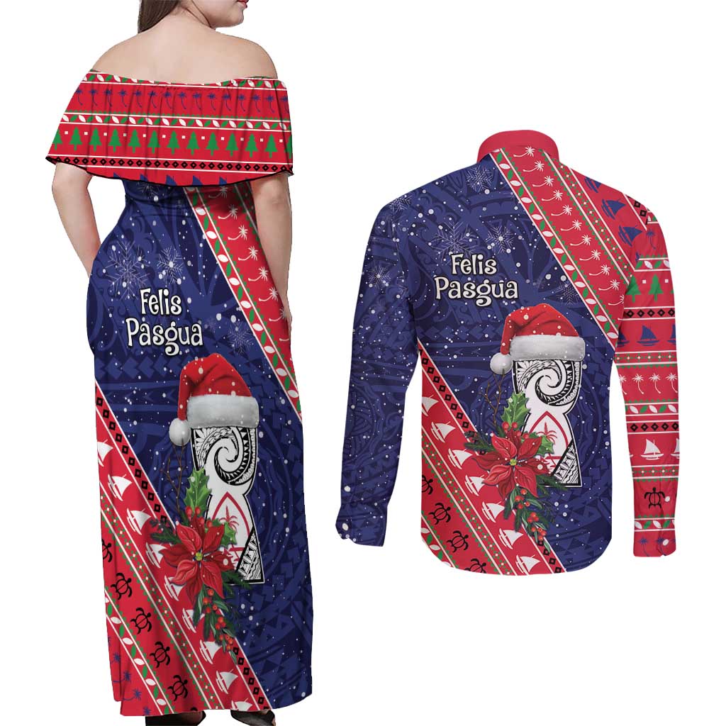 Guam Christmas Couples Matching Off Shoulder Maxi Dress and Long Sleeve Button Shirt Felis Nabidat Guaman Seal With Poinsettia