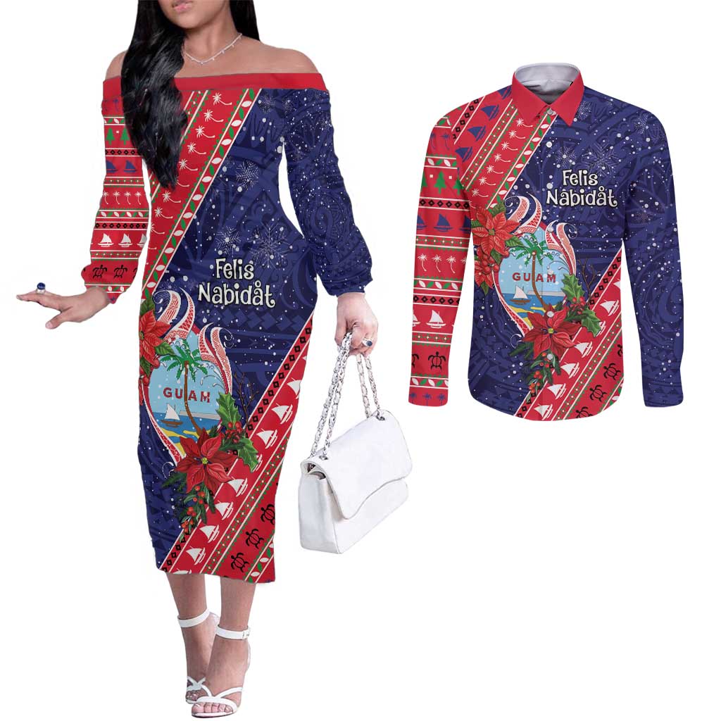 Guam Christmas Couples Matching Off The Shoulder Long Sleeve Dress and Long Sleeve Button Shirt Felis Nabidat Guaman Seal With Poinsettia