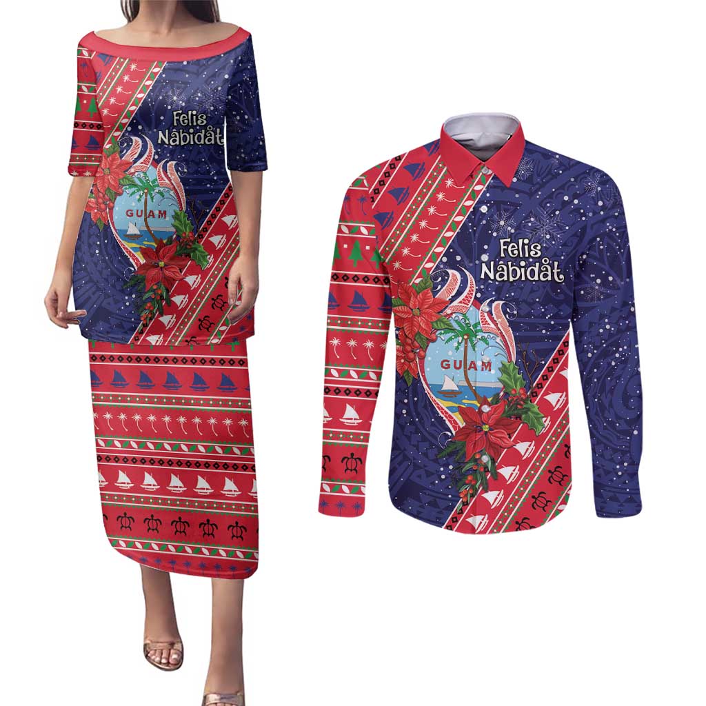 Guam Christmas Couples Matching Puletasi and Long Sleeve Button Shirt Felis Nabidat Guaman Seal With Poinsettia LT05 Blue - Polynesian Pride