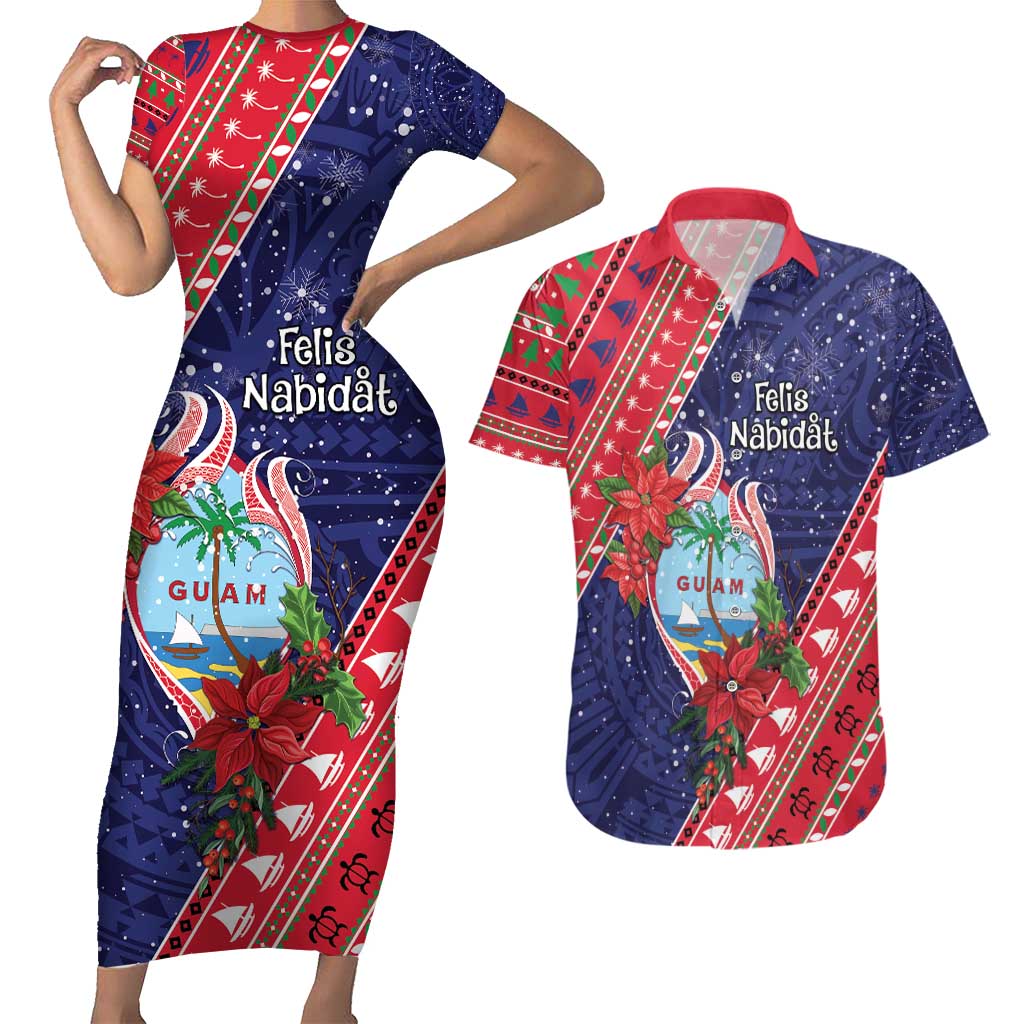 Guam Christmas Couples Matching Short Sleeve Bodycon Dress and Hawaiian Shirt Felis Nabidat Guaman Seal With Poinsettia LT05 Blue - Polynesian Pride
