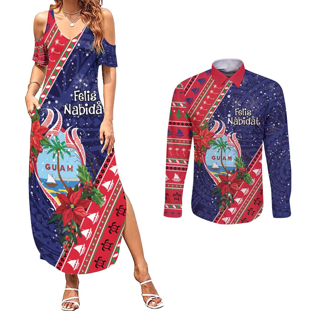 Guam Christmas Couples Matching Summer Maxi Dress and Long Sleeve Button Shirt Felis Nabidat Guaman Seal With Poinsettia