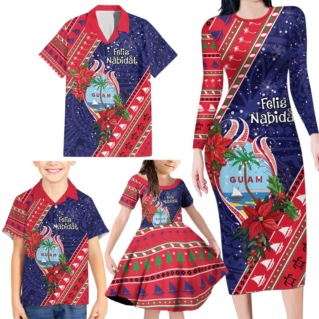 Guam Christmas Family Matching Long Sleeve Bodycon Dress and Hawaiian Shirt Felis Nabidat Guaman Seal With Poinsettia LT05 - Polynesian Pride