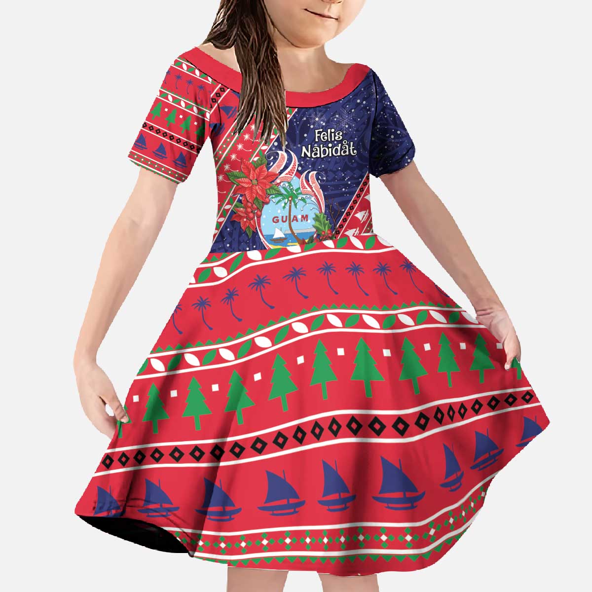Guam Christmas Family Matching Off The Shoulder Long Sleeve Dress and Hawaiian Shirt Felis Nabidat Guaman Seal With Poinsettia