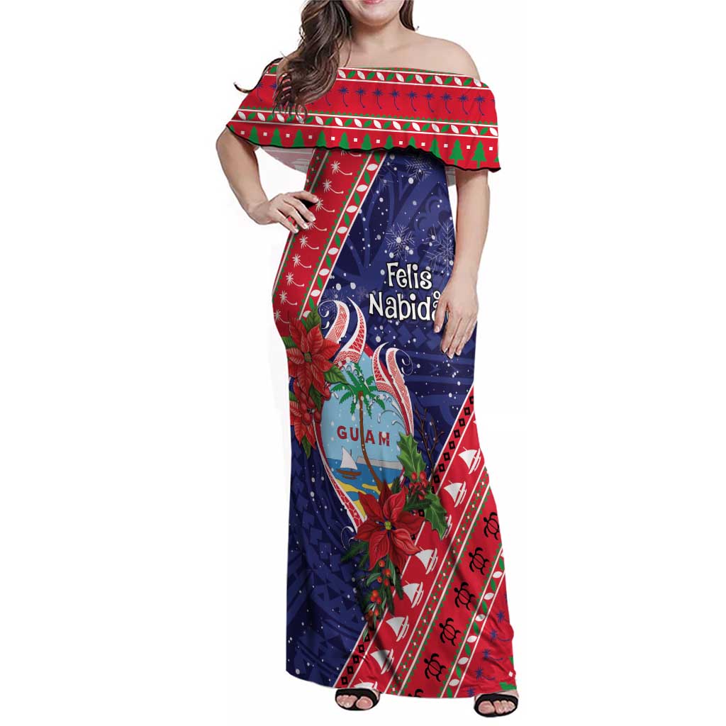 Guam Christmas Family Matching Off Shoulder Maxi Dress and Hawaiian Shirt Felis Nabidat Guaman Seal With Poinsettia