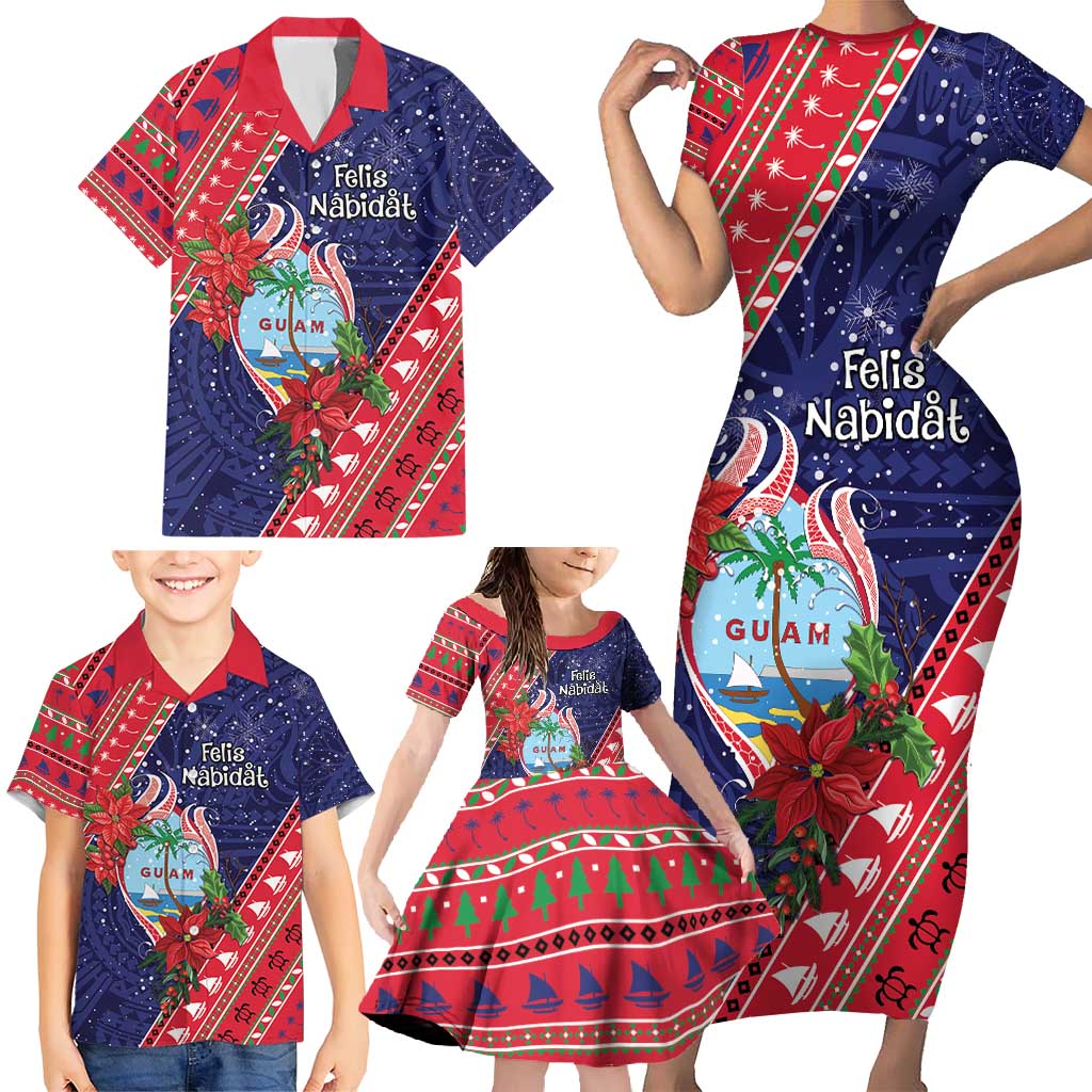 Guam Christmas Family Matching Short Sleeve Bodycon Dress and Hawaiian Shirt Felis Nabidat Guaman Seal With Poinsettia LT05 - Polynesian Pride