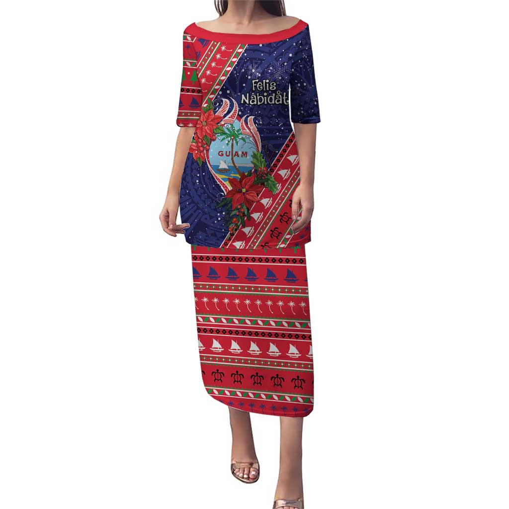 Guam Christmas Puletasi Felis Nabidat Guaman Seal With Poinsettia LT05 Long Dress Blue - Polynesian Pride