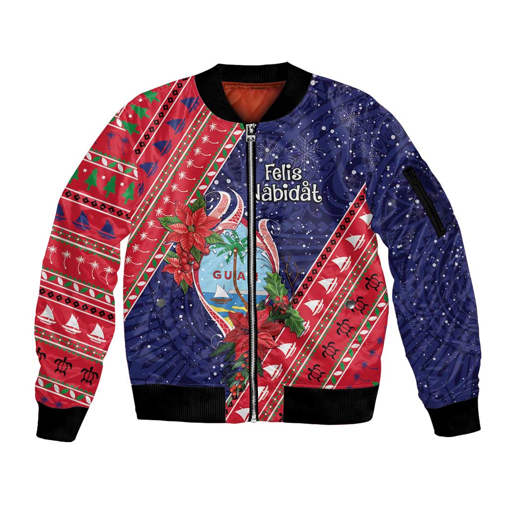 Guam Christmas Sleeve Zip Bomber Jacket Felis Nabidat Guaman Seal With Poinsettia