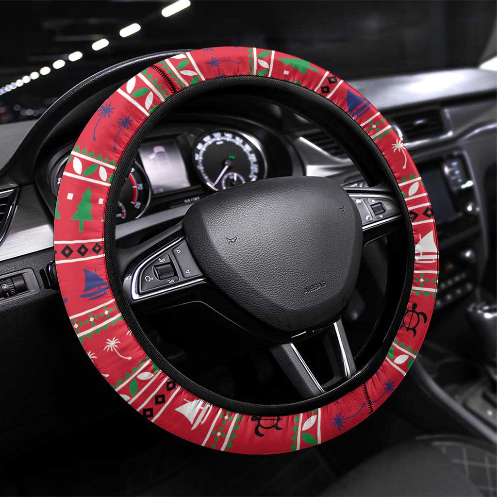 Guam Christmas Steering Wheel Cover Felis Nabidat Guaman Seal With Poinsettia LT05 Universal Fit Blue - Polynesian Pride