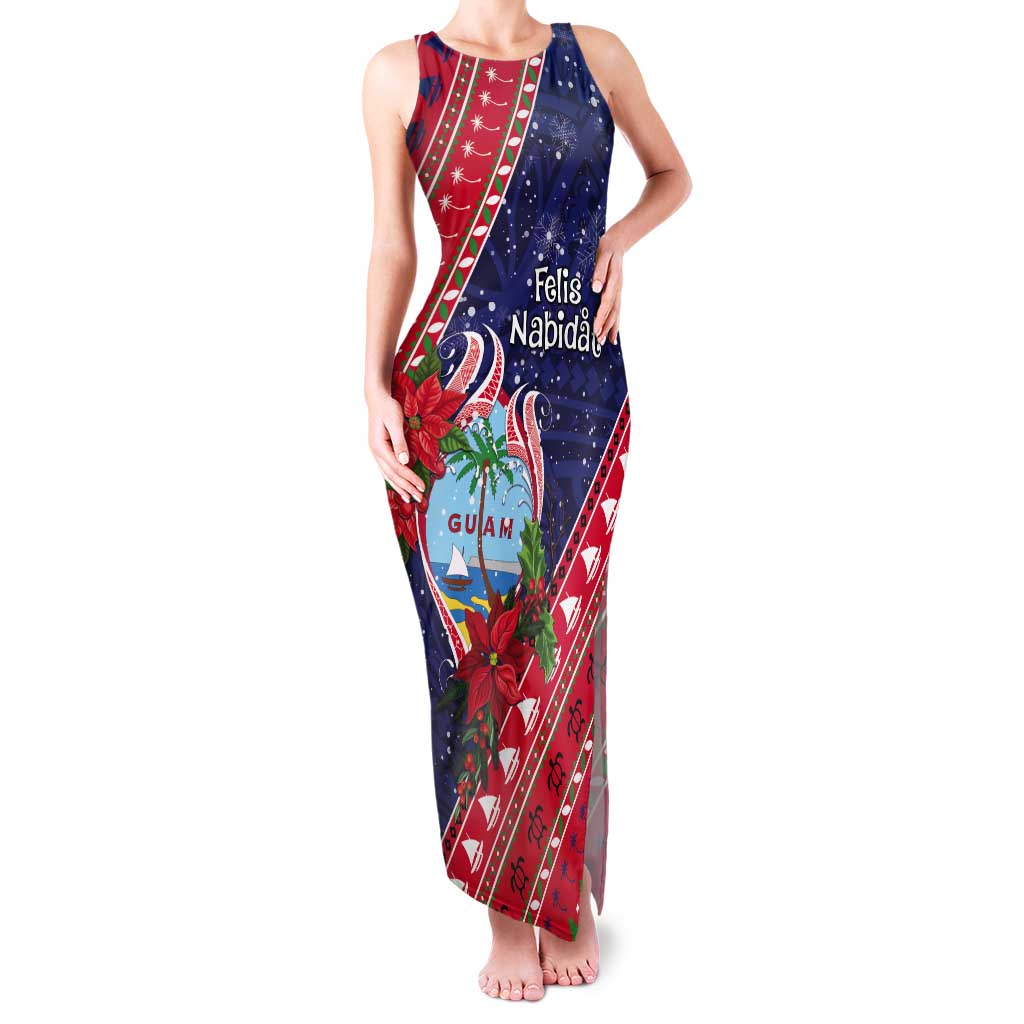 Guam Christmas Tank Maxi Dress Felis Nabidat Guaman Seal With Poinsettia LT05 Women Blue - Polynesian Pride
