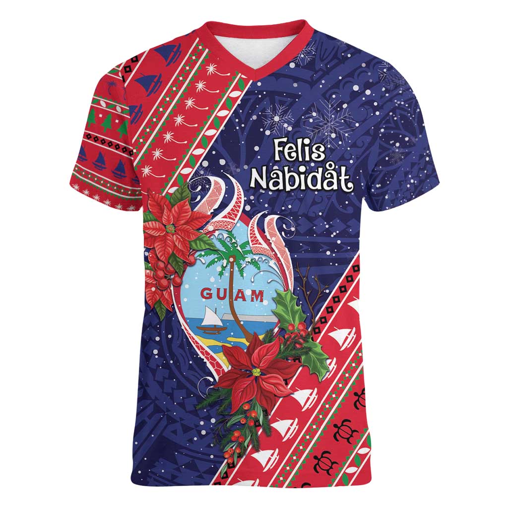 Guam Christmas Women V-Neck T-Shirt Felis Nabidat Guaman Seal With Poinsettia LT05 Female Blue - Polynesian Pride