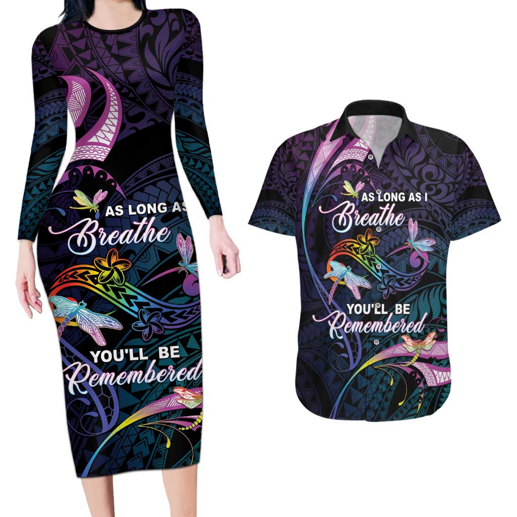 Personalised Polynesia Memorial Couples Matching Long Sleeve Bodycon Dress and Hawaiian Shirt Always Remembered Dragonfly Polynesian Style LT05 Colorful - Polynesian Pride