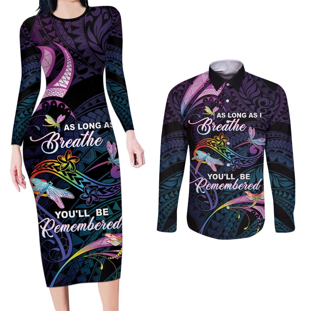 Personalised Polynesia Memorial Couples Matching Long Sleeve Bodycon Dress and Long Sleeve Button Shirt Always Remembered Dragonfly Polynesian Style LT05 Colorful - Polynesian Pride