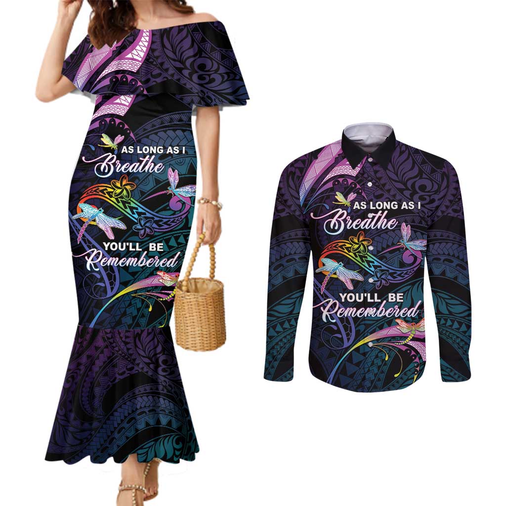 Personalised Polynesia Memorial Couples Matching Mermaid Dress and Long Sleeve Button Shirt Always Remembered Dragonfly Polynesian Style LT05 Colorful - Polynesian Pride