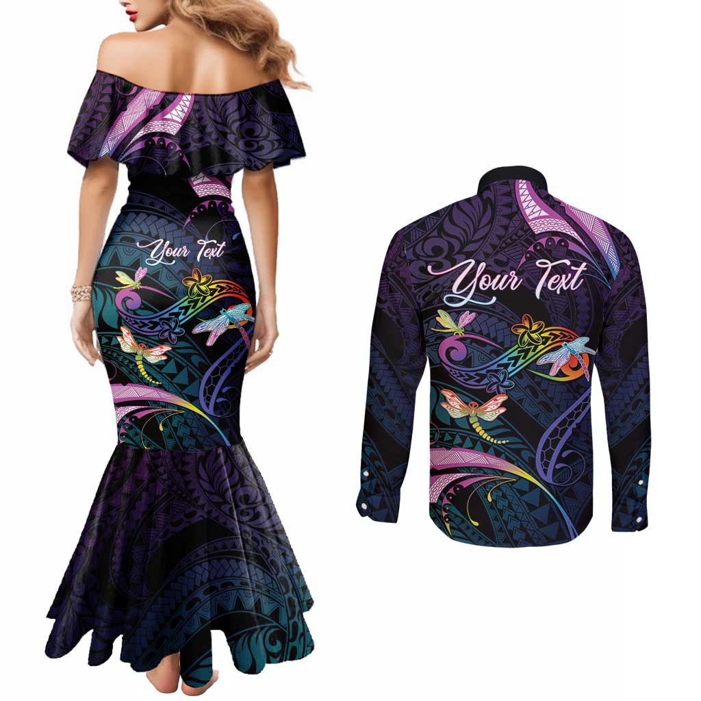 Personalised Polynesia Memorial Couples Matching Mermaid Dress and Long Sleeve Button Shirt Always Remembered Dragonfly Polynesian Style LT05 - Polynesian Pride
