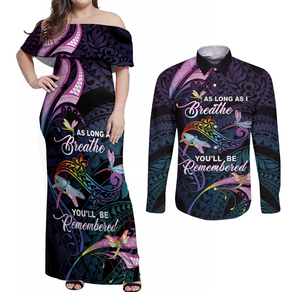Personalised Polynesia Memorial Couples Matching Off Shoulder Maxi Dress and Long Sleeve Button Shirt Always Remembered Dragonfly Polynesian Style LT05 Colorful - Polynesian Pride