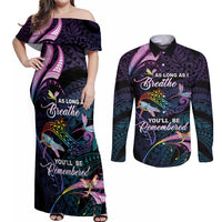 Personalised Polynesia Memorial Couples Matching Off Shoulder Maxi Dress and Long Sleeve Button Shirt Always Remembered Dragonfly Polynesian Style LT05 Colorful - Polynesian Pride