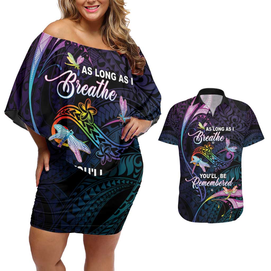 Personalised Polynesia Memorial Couples Matching Off Shoulder Short Dress and Hawaiian Shirt Always Remembered Dragonfly Polynesian Style LT05 Colorful - Polynesian Pride