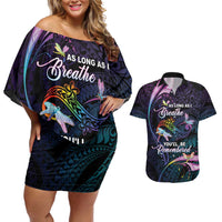 Personalised Polynesia Memorial Couples Matching Off Shoulder Short Dress and Hawaiian Shirt Always Remembered Dragonfly Polynesian Style LT05 Colorful - Polynesian Pride