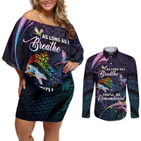 Personalised Polynesia Memorial Couples Matching Off Shoulder Short Dress and Long Sleeve Button Shirt Always Remembered Dragonfly Polynesian Style LT05 Colorful - Polynesian Pride