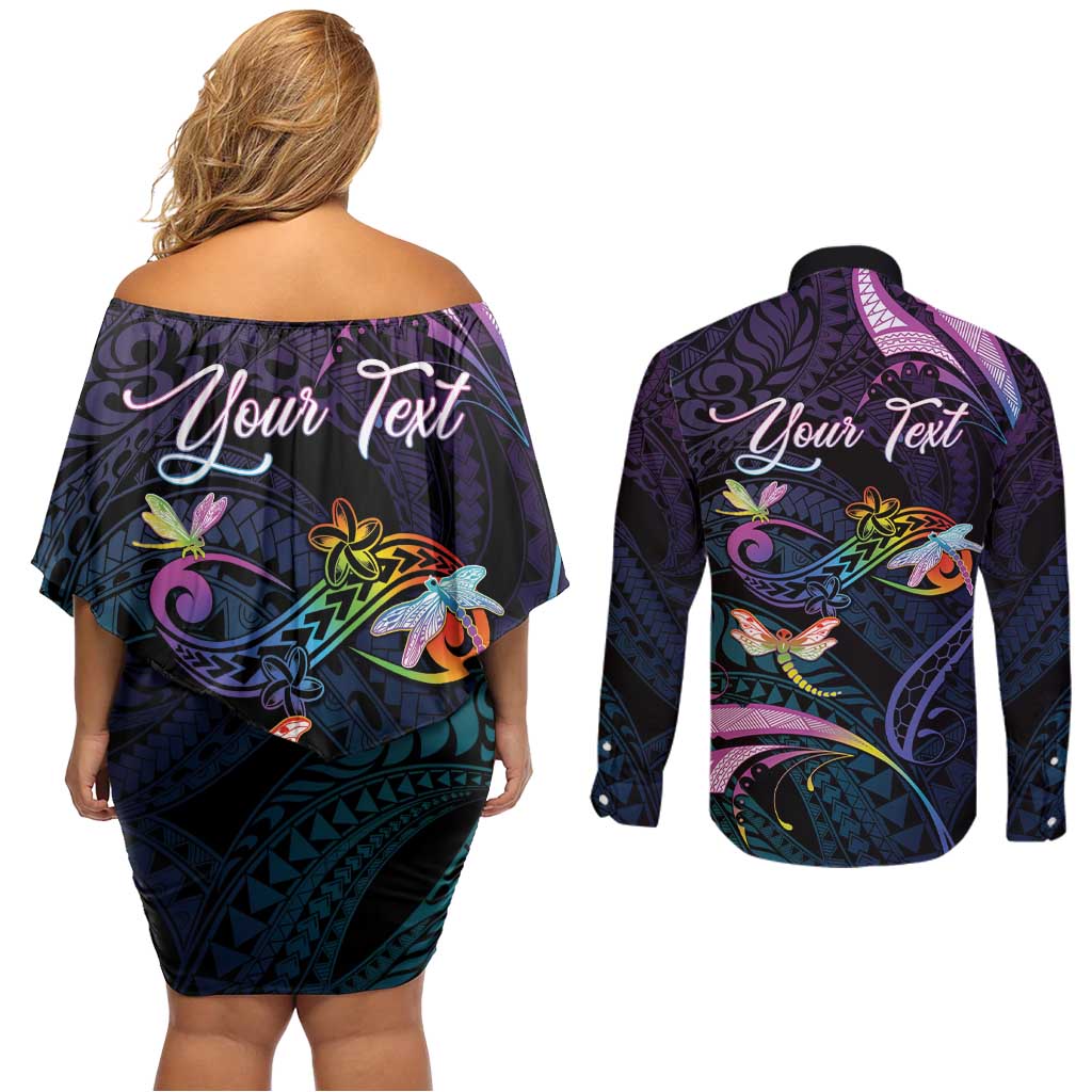 Personalised Polynesia Memorial Couples Matching Off Shoulder Short Dress and Long Sleeve Button Shirt Always Remembered Dragonfly Polynesian Style LT05 - Polynesian Pride