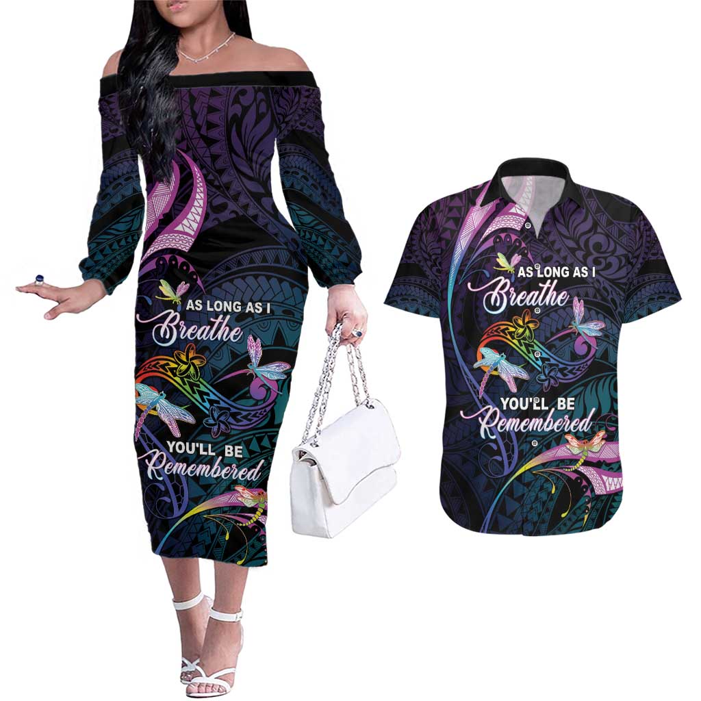 Personalised Polynesia Memorial Couples Matching Off The Shoulder Long Sleeve Dress and Hawaiian Shirt Always Remembered Dragonfly Polynesian Style LT05 Colorful - Polynesian Pride