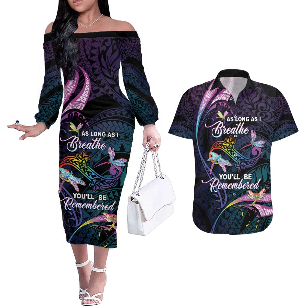 Personalised Polynesia Memorial Couples Matching Off The Shoulder Long Sleeve Dress and Hawaiian Shirt Always Remembered Dragonfly Polynesian Style