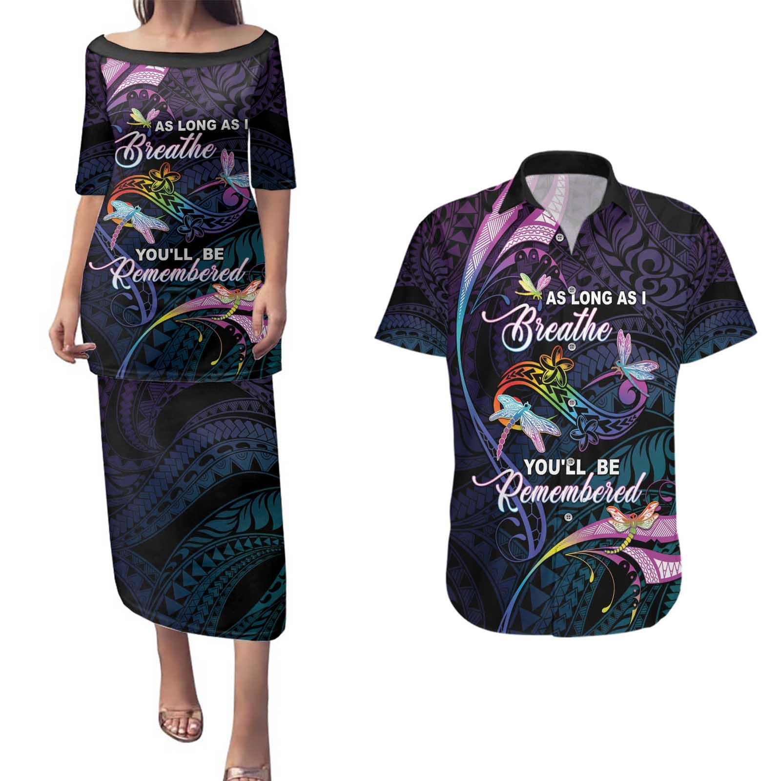 Personalised Polynesia Memorial Couples Matching Puletasi and Hawaiian Shirt Always Remembered Dragonfly Polynesian Style LT05 Colorful - Polynesian Pride