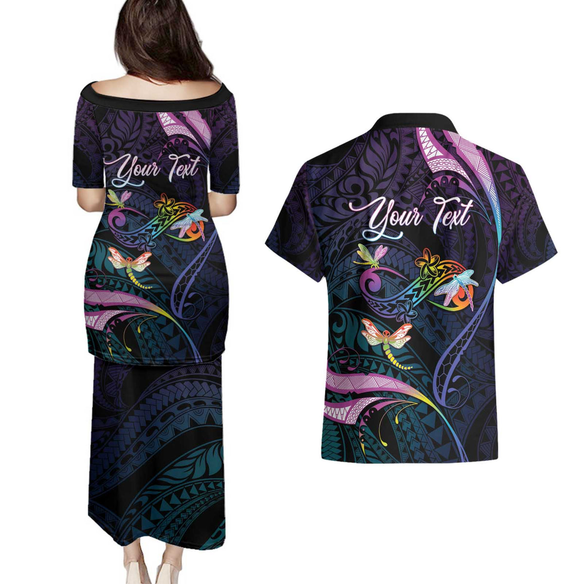 Personalised Polynesia Memorial Couples Matching Puletasi and Hawaiian Shirt Always Remembered Dragonfly Polynesian Style LT05 - Polynesian Pride