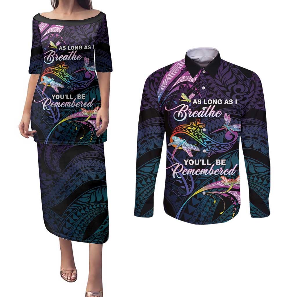 Personalised Polynesia Memorial Couples Matching Puletasi and Long Sleeve Button Shirt Always Remembered Dragonfly Polynesian Style LT05 Colorful - Polynesian Pride