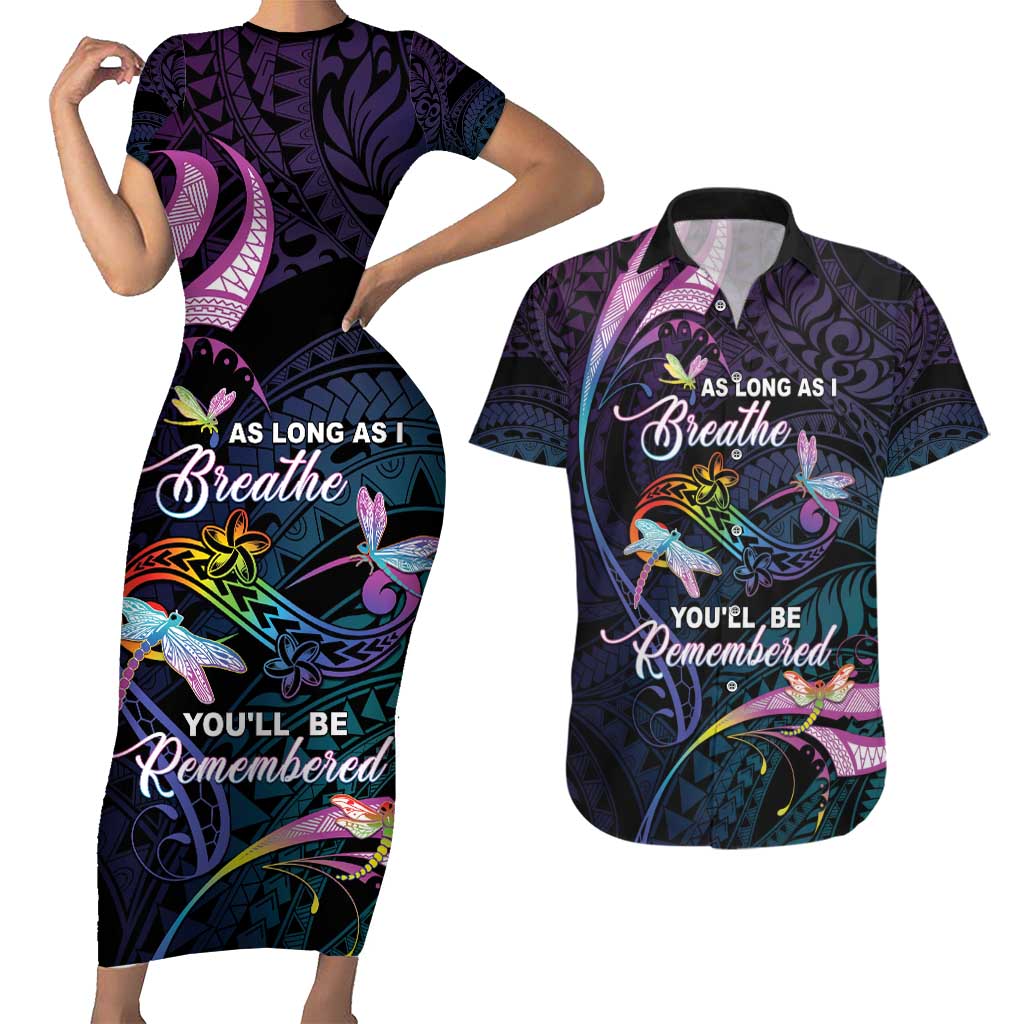 Personalised Polynesia Memorial Couples Matching Short Sleeve Bodycon Dress and Hawaiian Shirt Always Remembered Dragonfly Polynesian Style LT05 Colorful - Polynesian Pride