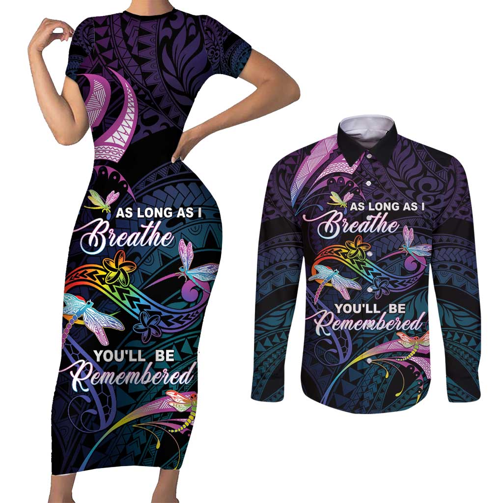 Personalised Polynesia Memorial Couples Matching Short Sleeve Bodycon Dress and Long Sleeve Button Shirt Always Remembered Dragonfly Polynesian Style LT05 Colorful - Polynesian Pride