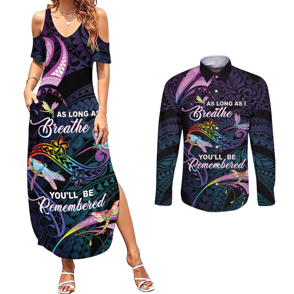 Personalised Polynesia Memorial Couples Matching Summer Maxi Dress and Long Sleeve Button Shirt Always Remembered Dragonfly Polynesian Style LT05 Colorful - Polynesian Pride