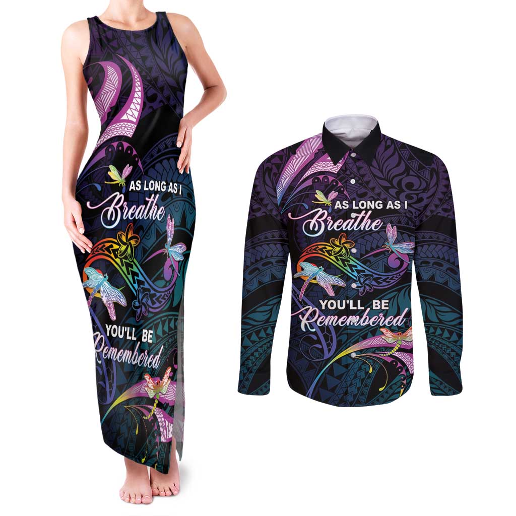 Personalised Polynesia Memorial Couples Matching Tank Maxi Dress and Long Sleeve Button Shirt Always Remembered Dragonfly Polynesian Style LT05 Colorful - Polynesian Pride
