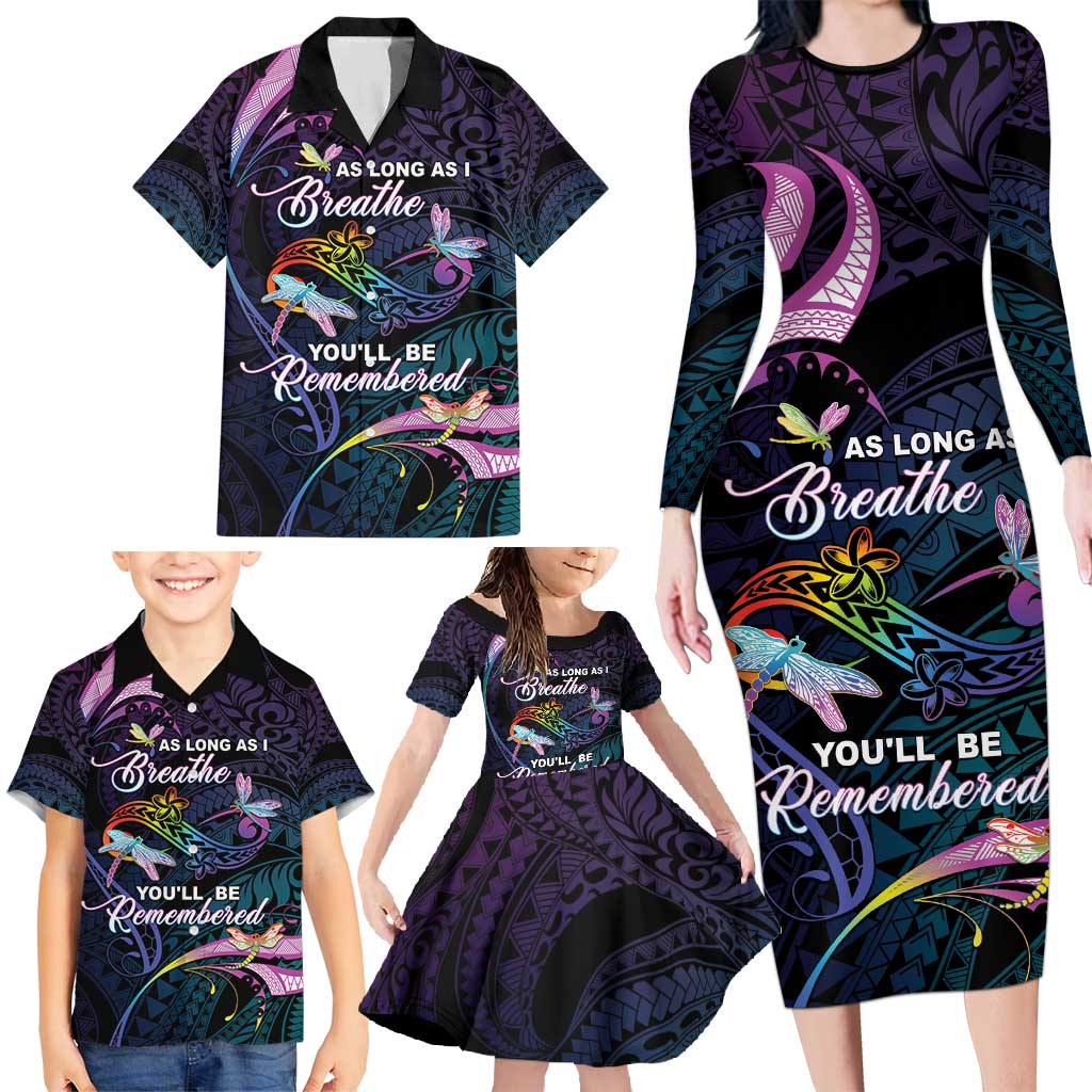 Personalised Polynesia Memorial Family Matching Long Sleeve Bodycon Dress and Hawaiian Shirt Always Remembered Dragonfly Polynesian Style