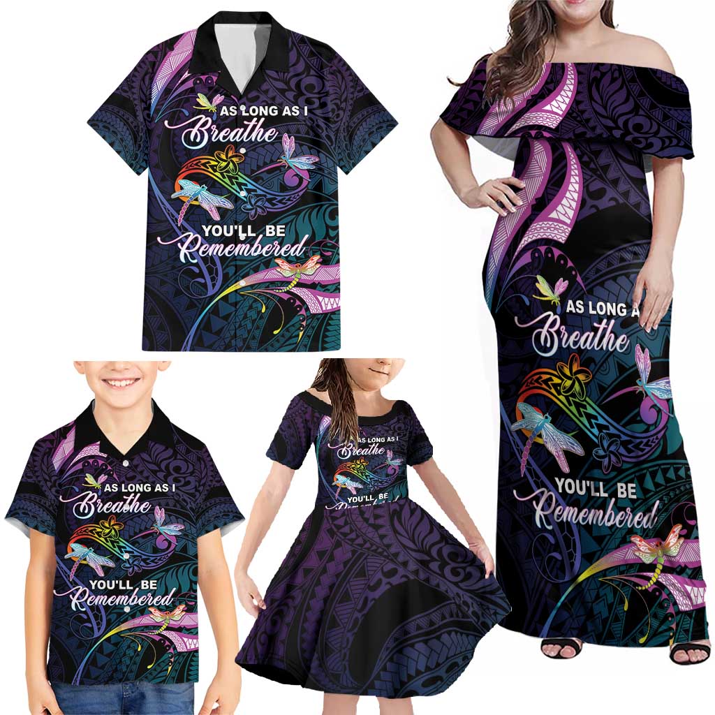 Personalised Polynesia Memorial Family Matching Off Shoulder Maxi Dress and Hawaiian Shirt Always Remembered Dragonfly Polynesian Style