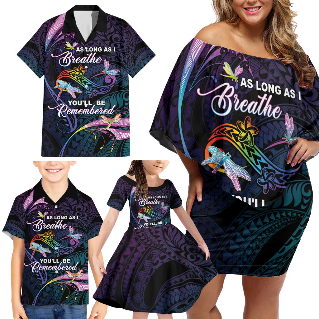 Personalised Polynesia Memorial Family Matching Off Shoulder Short Dress and Hawaiian Shirt Always Remembered Dragonfly Polynesian Style