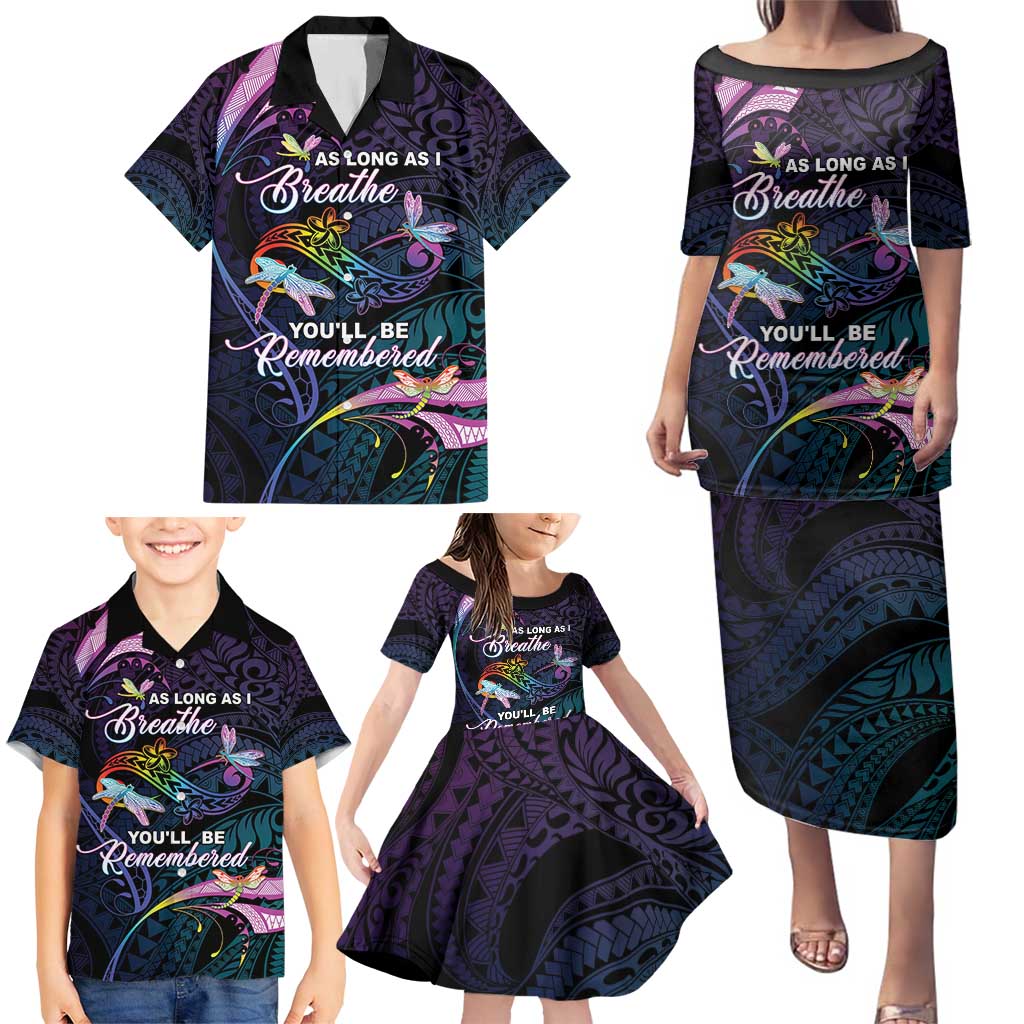 Personalised Polynesia Memorial Family Matching Puletasi and Hawaiian Shirt Always Remembered Dragonfly Polynesian Style